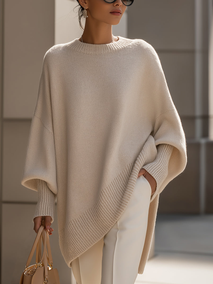 Wanwen Cozy Wool Blend Oversized Sweater: Relaxed Fit, Asymmetrical Hem