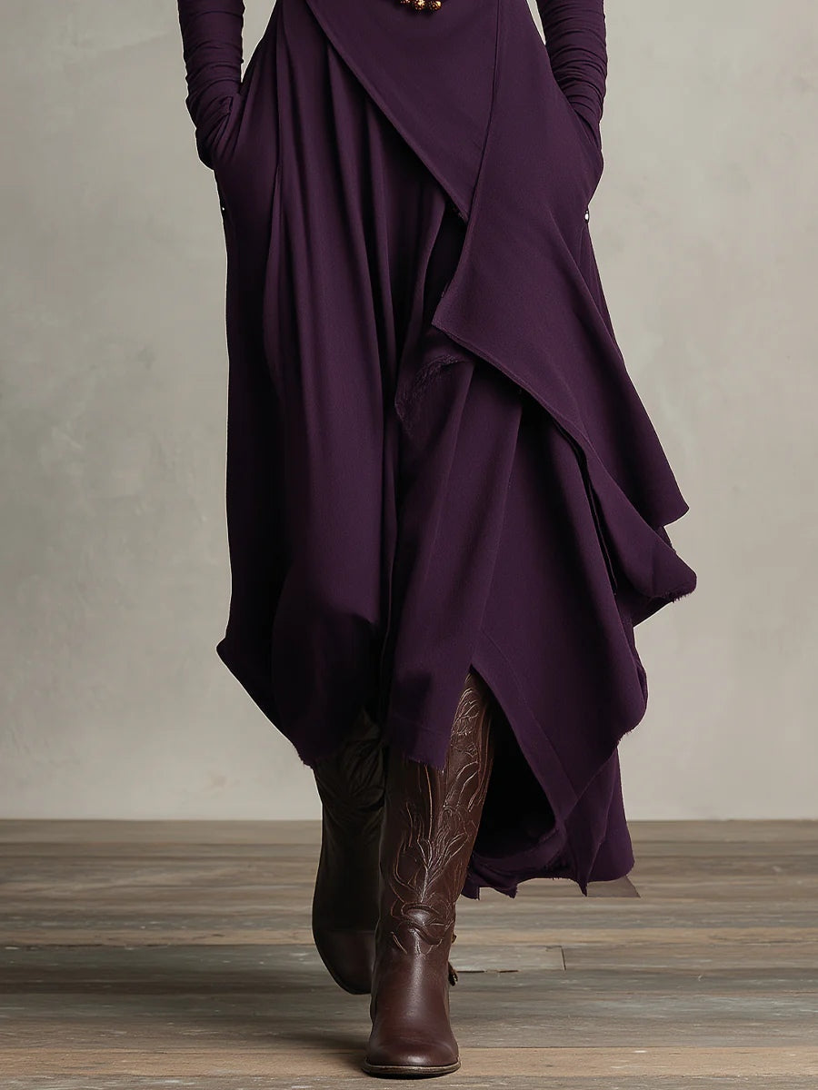 Purple High-neck Asymmetrical Pleated Maxi Dress（Necklace not included）