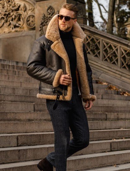 Luxurious Men's Shearling Aviator Leather Jacket – Warm, Stylish, Durable Winter Outerwear